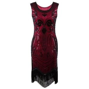 Vintage-Inspired (S) Red/Black Beaded Sequin Flapper Dress- Gatsby Art Deco 1920